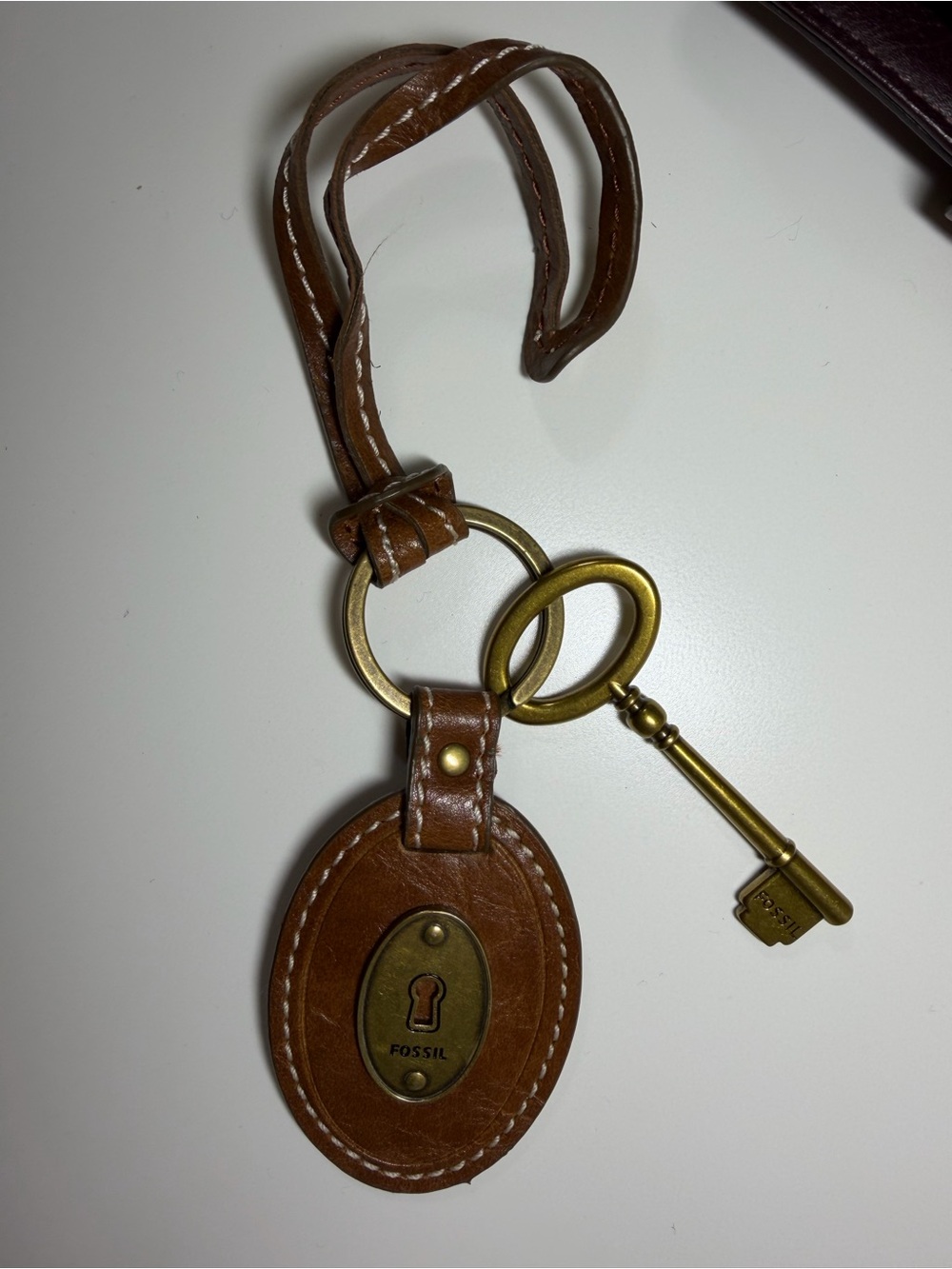 Fossil Brown Leather Key Holder with Brass Key Charm